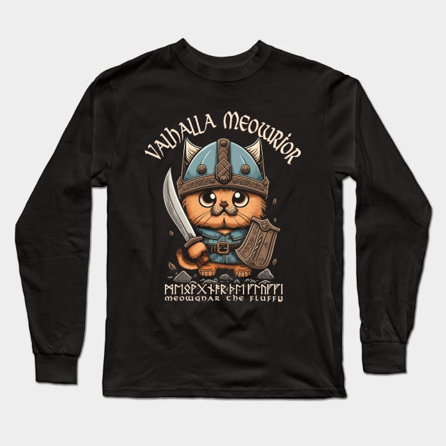 Nordic Norse Valhalla Viking Cat Warrior Long Sleeve T-Shirt by Apocatnipse Meow